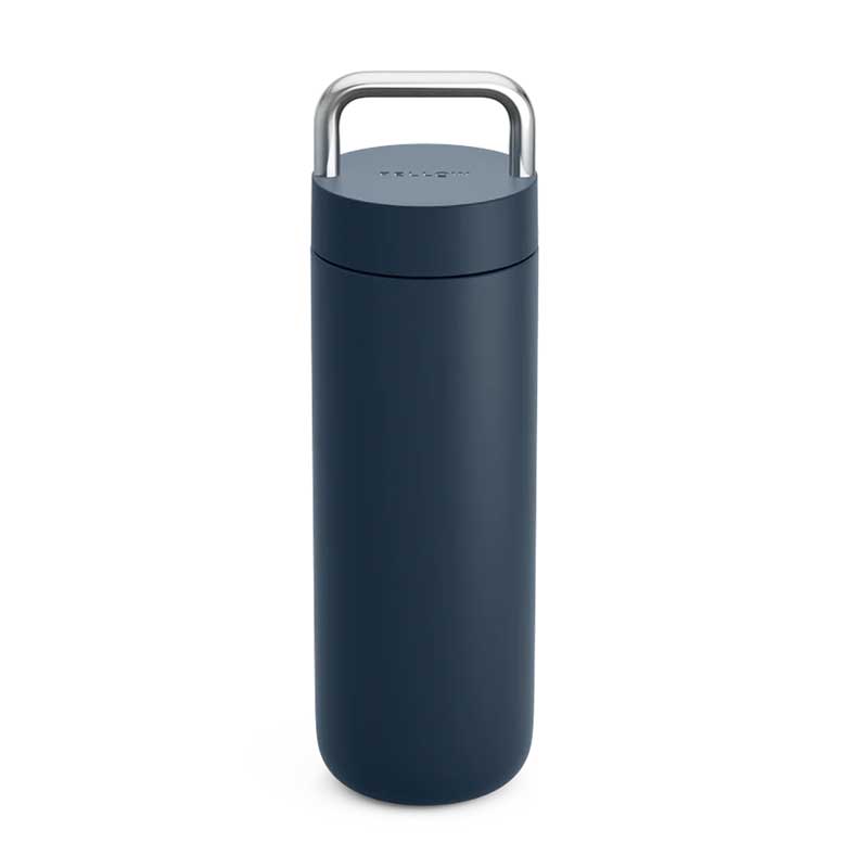 Insulated, stainless steel travel tumbler with a handle for easy carrying