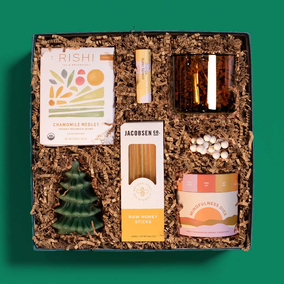 Soothing holiday gift box with tea, honey, scented lip balm and mindfulness dice